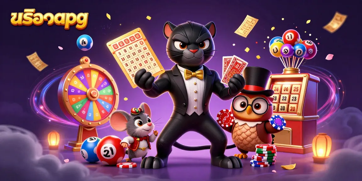 Engaging scene of a black panther dealer showcasing สล็อตpg themed casino elements with vibrant lottery balls and gold accents.