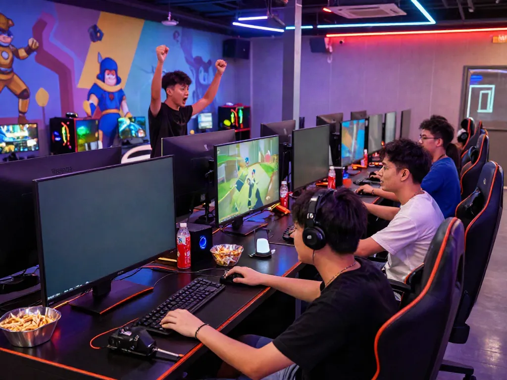 Men enjoying an exciting gaming session at https://manclub1.jp.net/ with vibrant LED lights and modern decor.