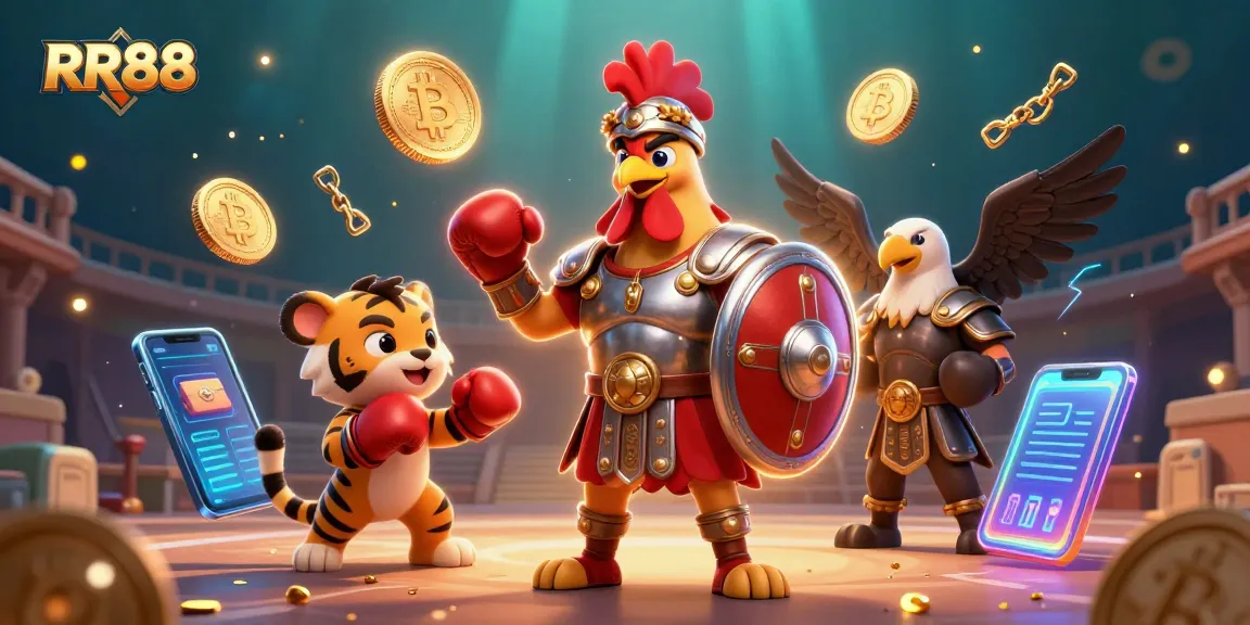 Join the excitement at RR88 with a dynamic casino scene featuring a gladiator rooster and rich gaming elements.