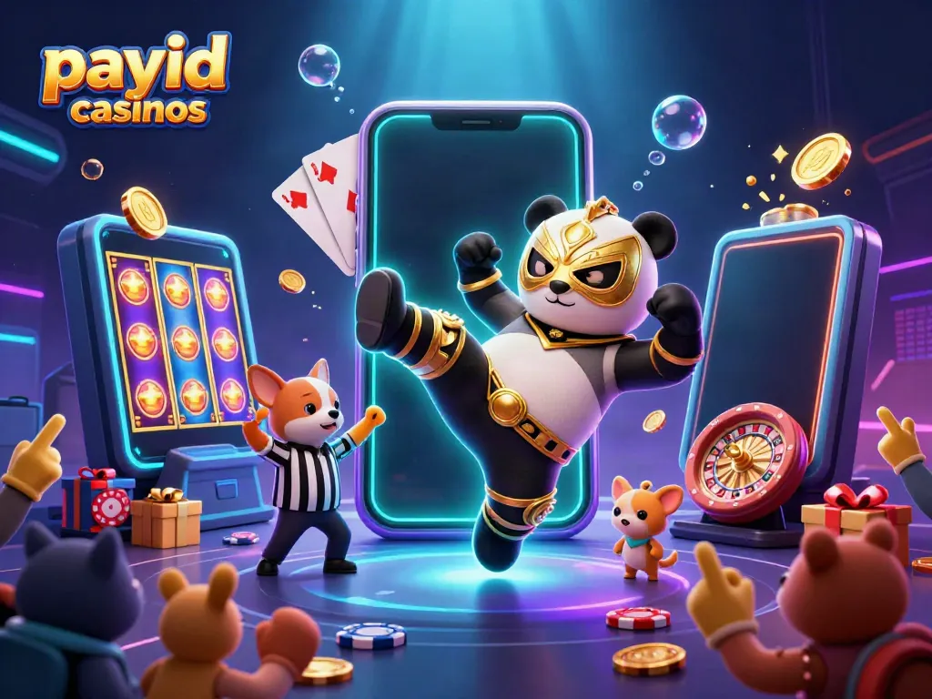 Engaging scene of payid casinos with animated panda wrestler and chihuahua referee amidst a festive crowd.