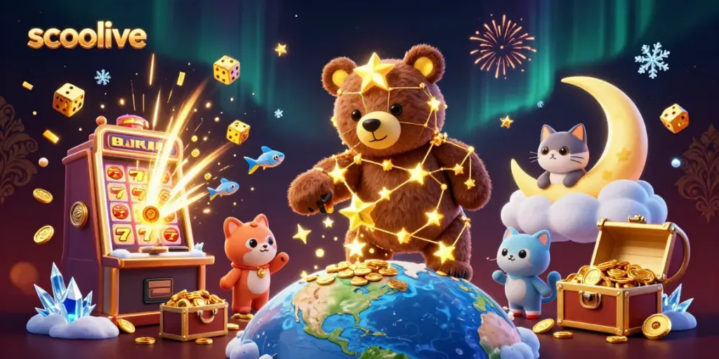 Socolive's engaging online betting scene, featuring a constellation bear and gold coins in a dynamic casino atmosphere.