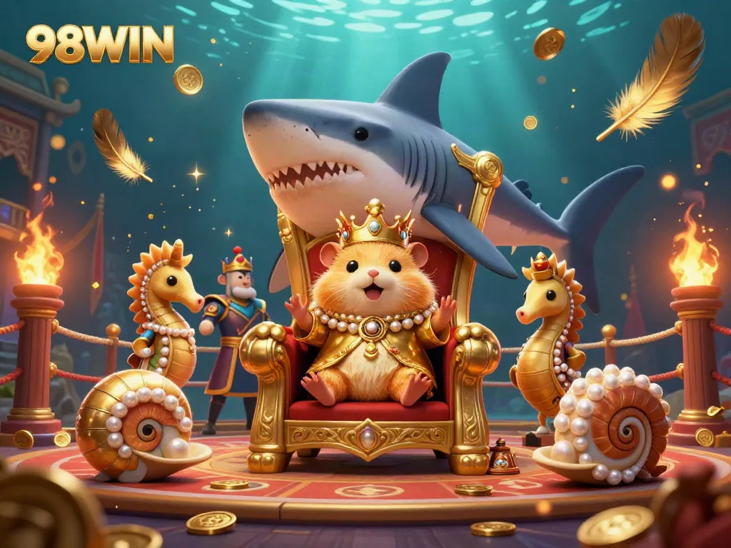 Join the casino excitement with the 98WIN hamster king on his megalodon throne surrounded by treasures.