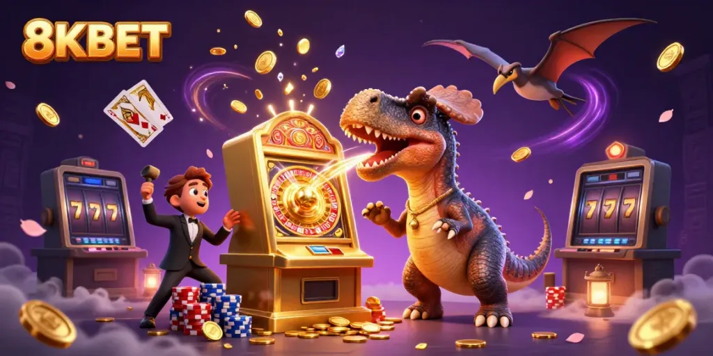 Experience excitement at 8KBET with a pachycephalosaurus celebrating a jackpot win amidst golden coins and casino games.