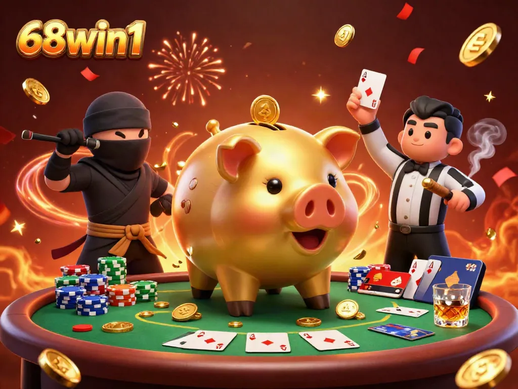 Experience the excitement of 68win1 with lively gambling characters celebrating in a vibrant casino scene.