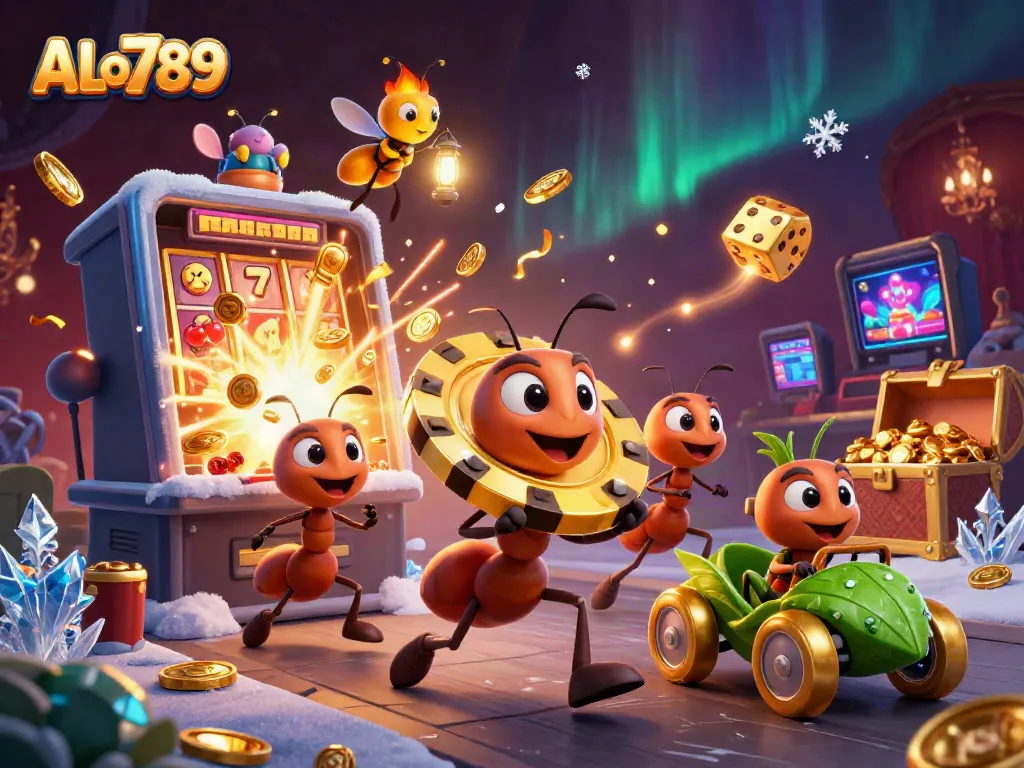 Join the adventure at ALo789 with a team of ants capturing a massive poker chip amid a lively casino scene.