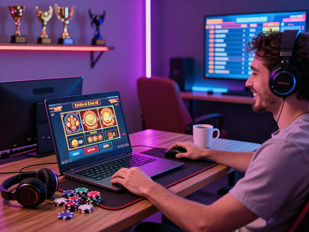 Giocatore divertito mentre utilizza siti non AAMS con giochi da casinò online, atmosfera vivace e accessori da gioco.