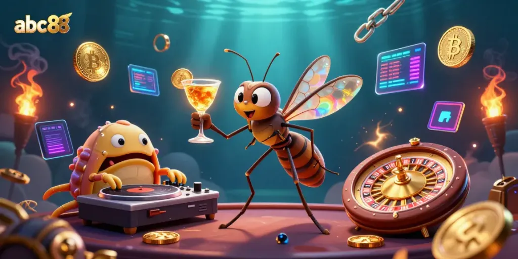 Experience thrilling gameplay with abc88, showcasing dynamic casino characters and crypto elements.