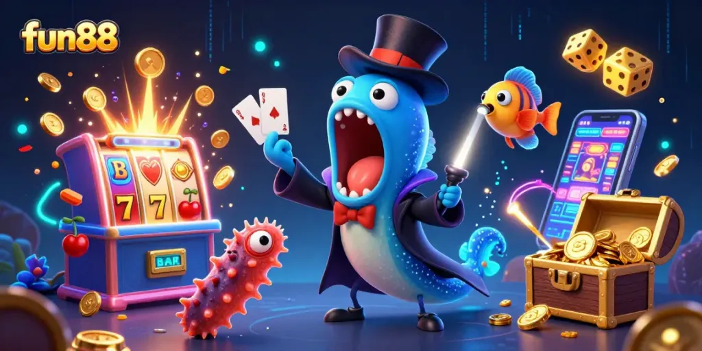 fun88's vibrant casino illustration features magical sea creatures and a jackpot explosion.
