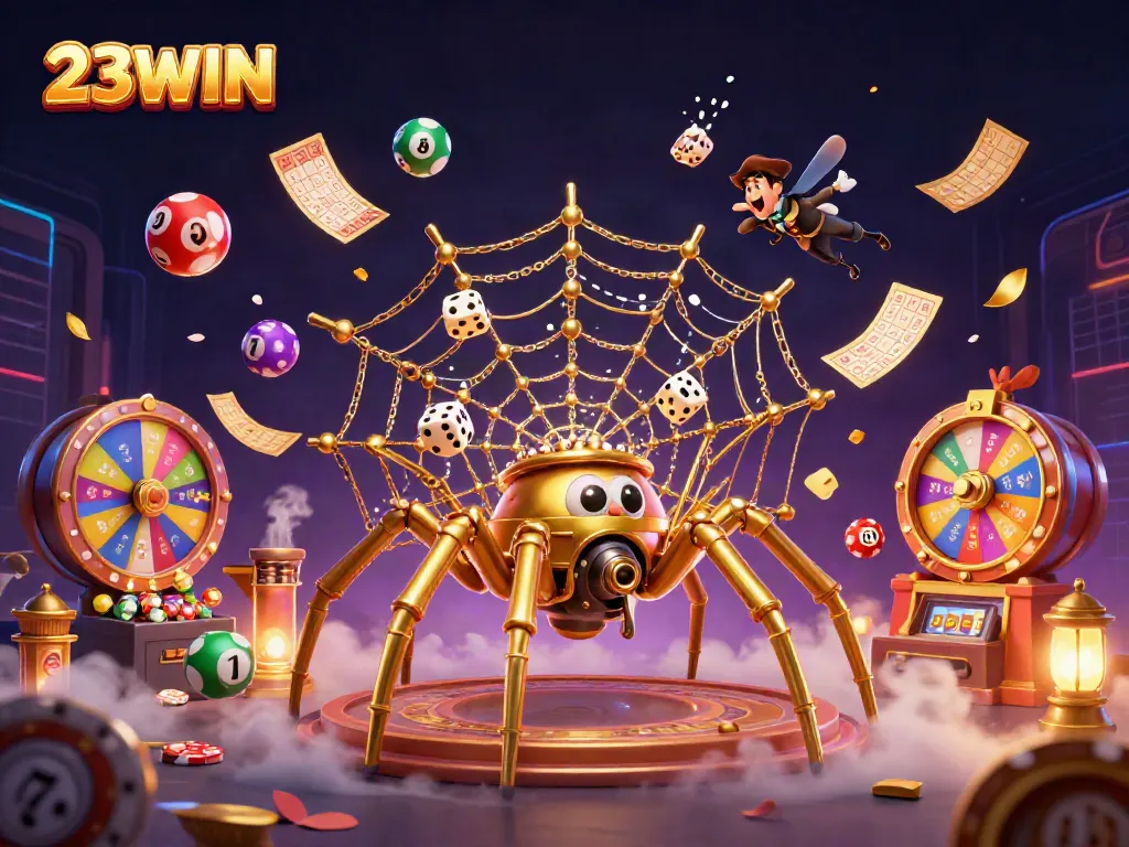 Witness 23WIN's vibrant gaming atmosphere with a dynamic steampunk spider catching dice amidst colorful lottery elements.