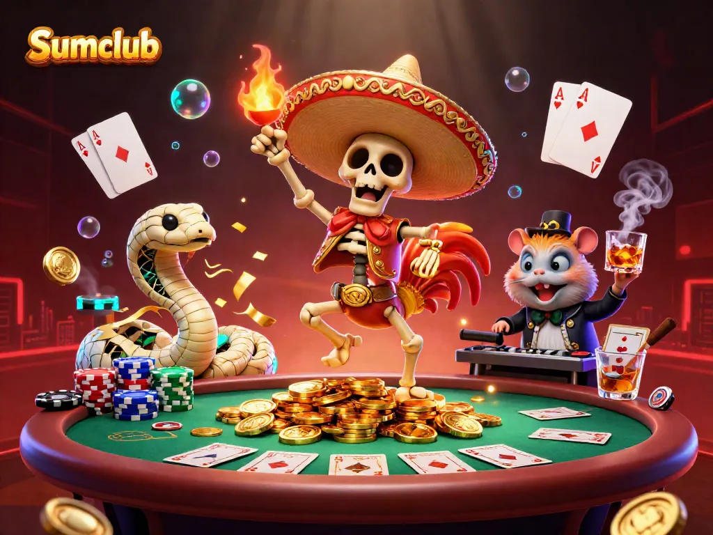 Engage in high-stakes action at Sumclub with a lively cartoon casino scene featuring vibrant characters.