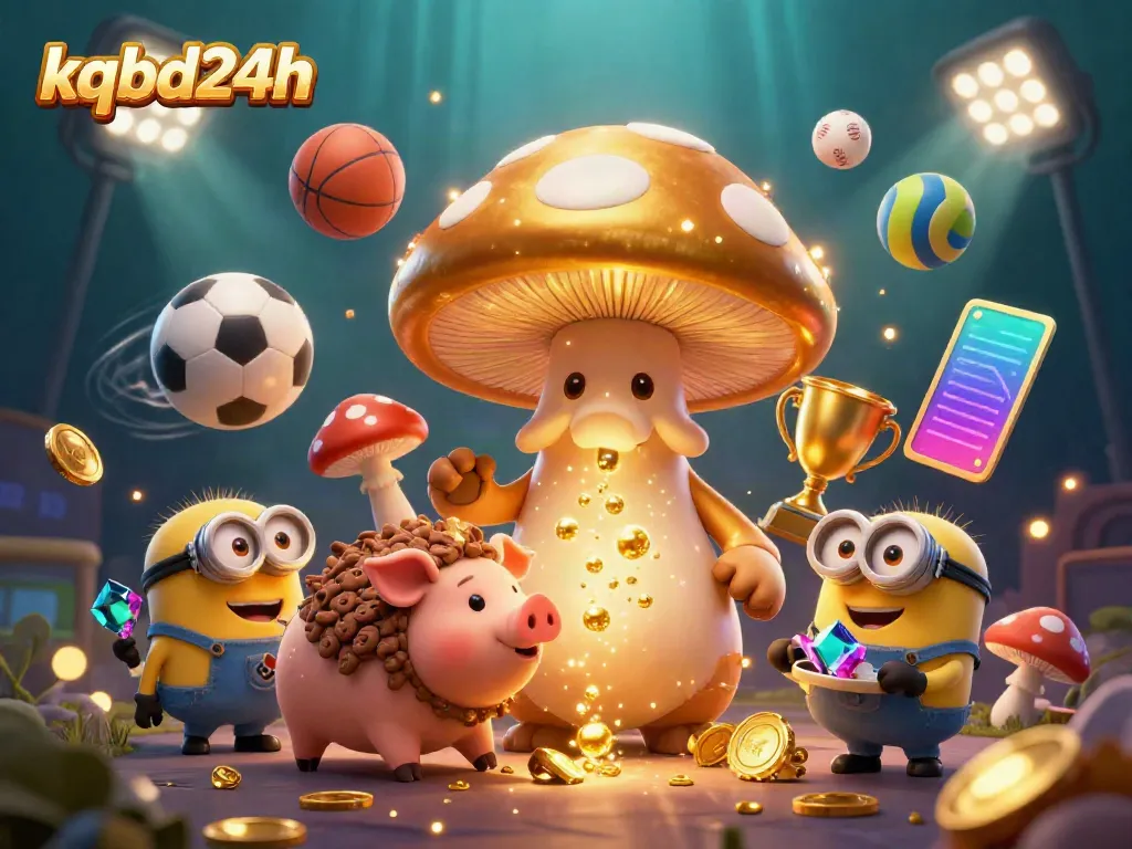 Engage with kqbd24h through this vibrant 3D scene of a golden mushroom wizard, truffle pig, and sports-themed elements.