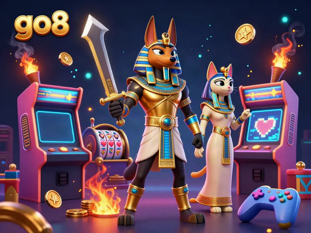 Experience thrilling gaming action with go8's vibrant casino scene featuring Anubis and Bastet amidst slot reels.