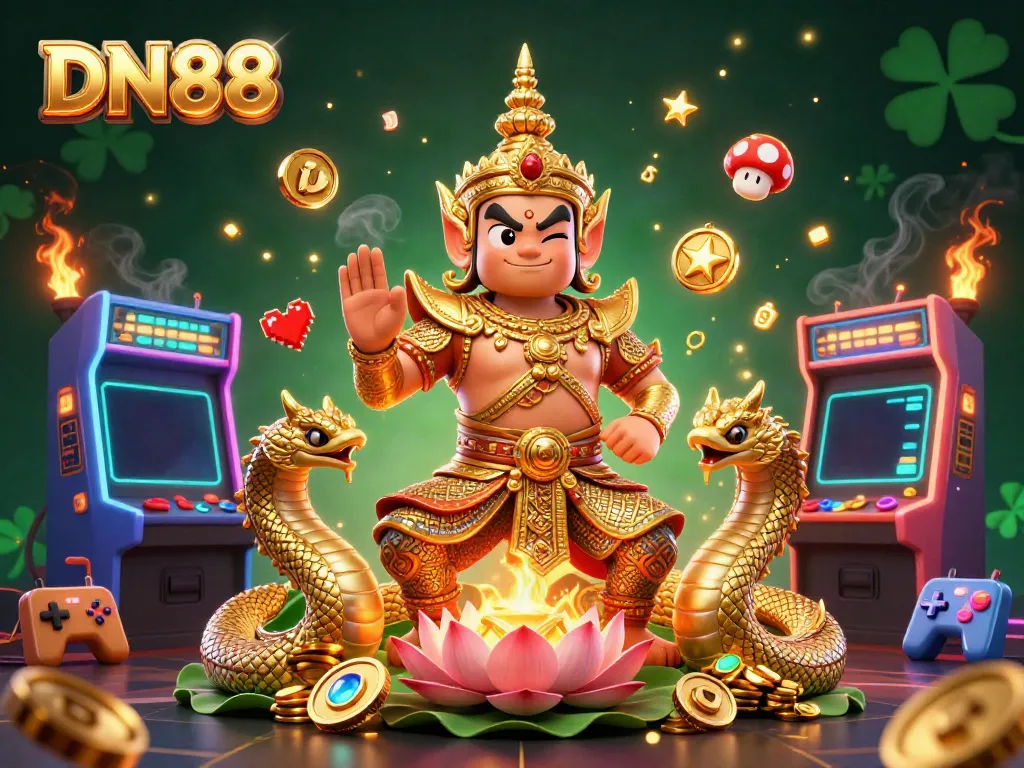 Experience the excitement at DN88 with vibrant casino-themed 3D illustrations featuring guardians, game machines, and dynamic elements.