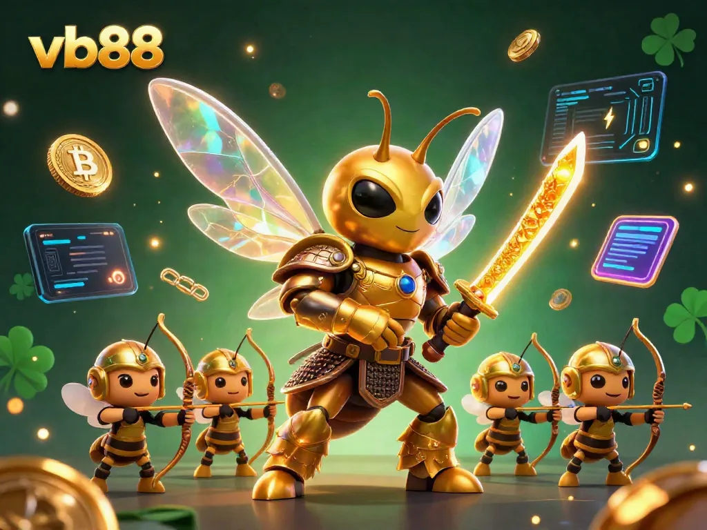 Engage with a vibrant vb88 online casino scene showcasing a golden hornet samurai and bee archers amid shimmering crypto elements.