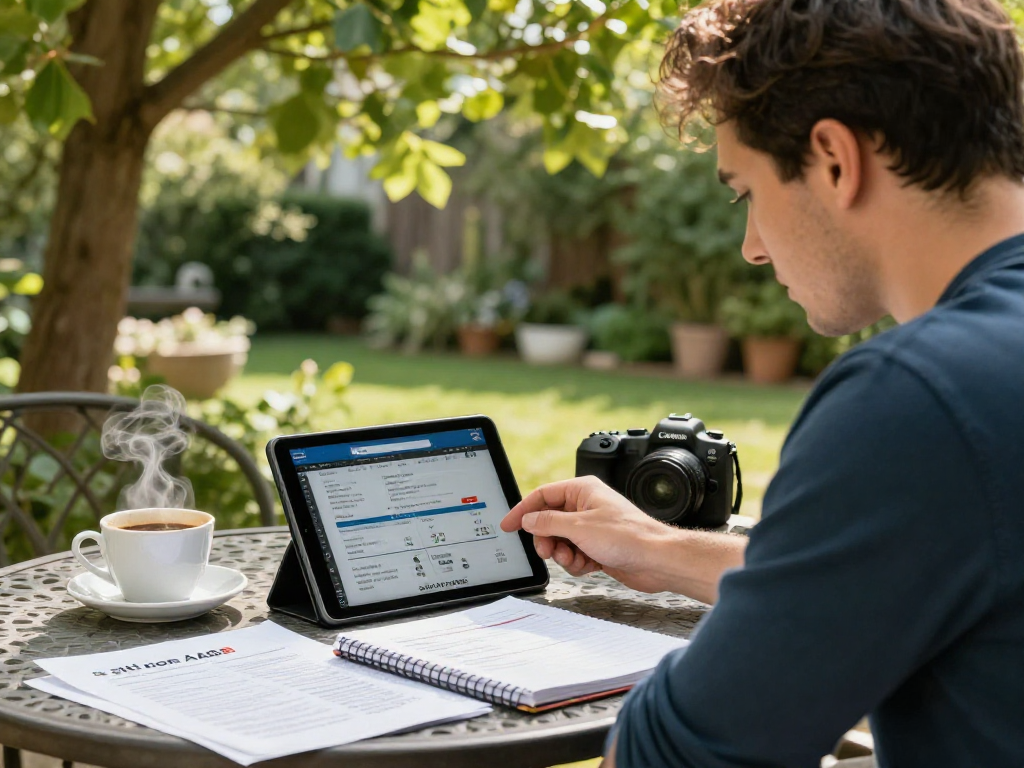 Giocatore responsabile analizza siti non AAMS in un tranquillo giardino con un tablet e note strategiche.