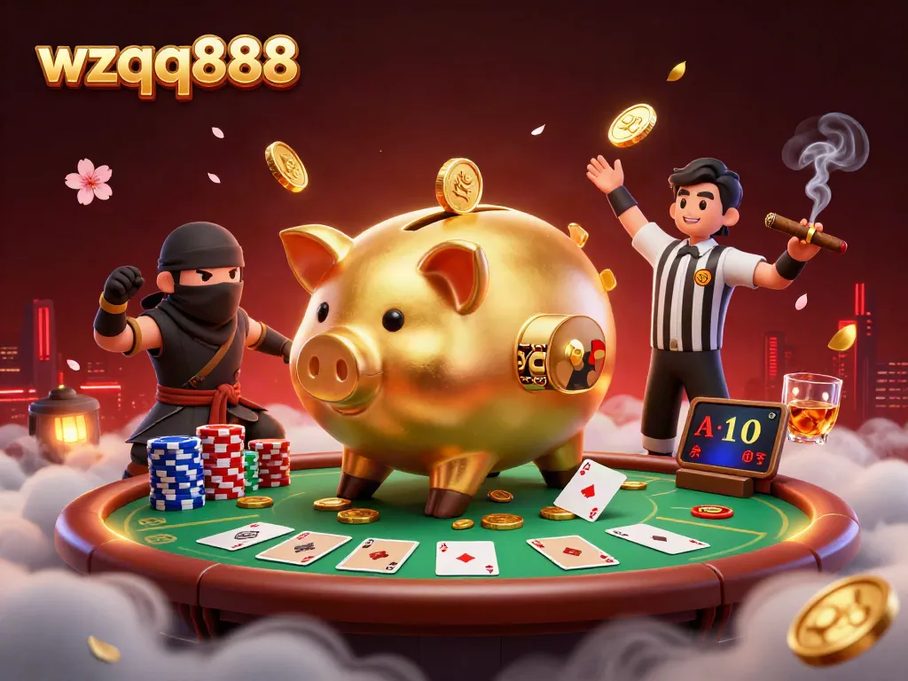 Engage in thrilling gameplay as wzqq888’s golden piggy bank sumo wrestler dominates the casino scene.