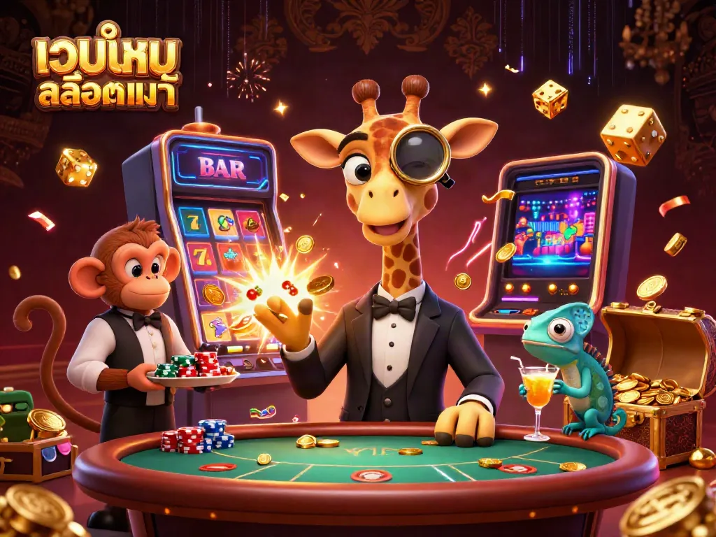 Engage with เว็บเกมสล็อตแท้ through an ultra-detailed 3D scene featuring a giraffe in a suit, a monkey valet, and a chameleon bartender.