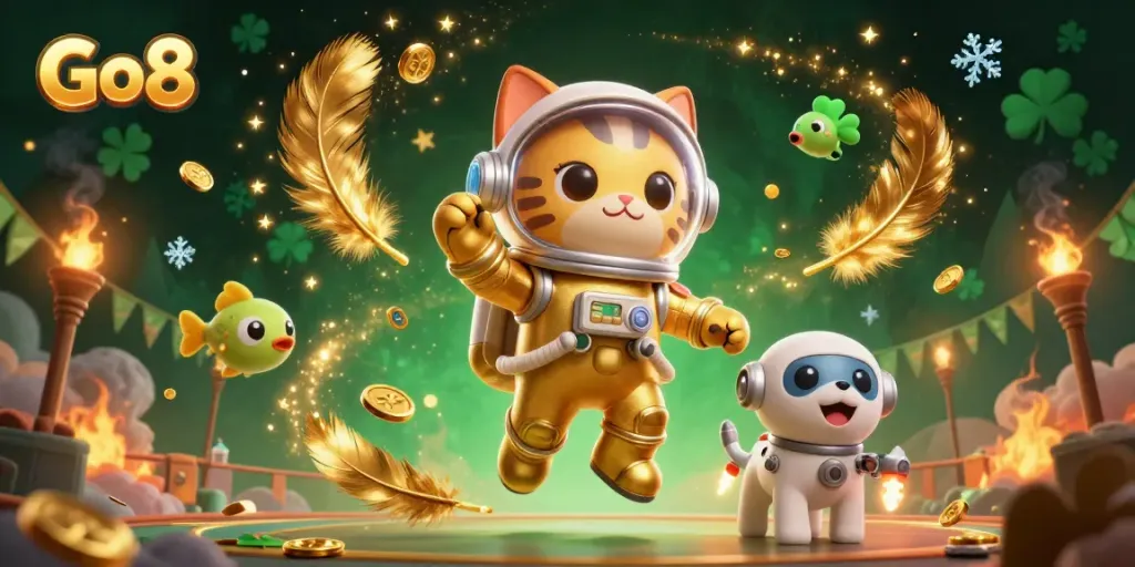 Capture exciting moments with Go8 in a rich, vibrant casino-themed 3D illustration.