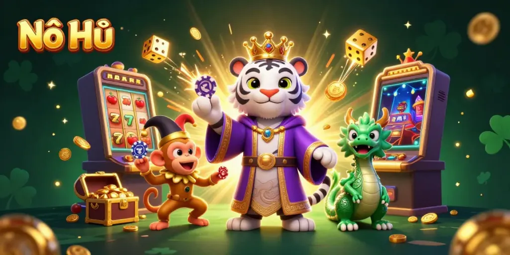 Nổ Hũ showcases an enchanting casino scene with winning characters and dynamic gaming elements.