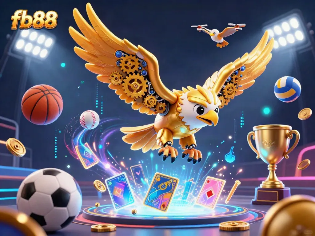 Experience excitement with fb88 as a golden eagle dives through holographic cards amidst dynamic sports and casino elements.