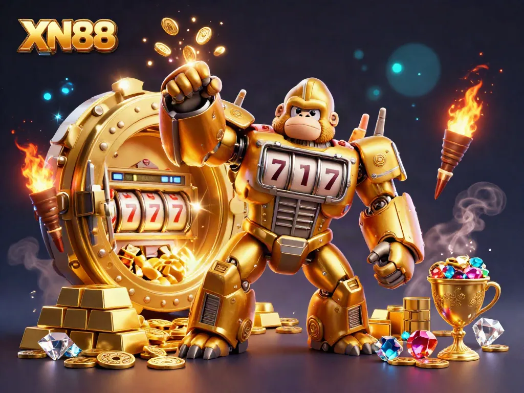 Experience excitement with XN88 as a golden gorilla mech bursts through a treasure vault, showcasing vibrant gems and coins.