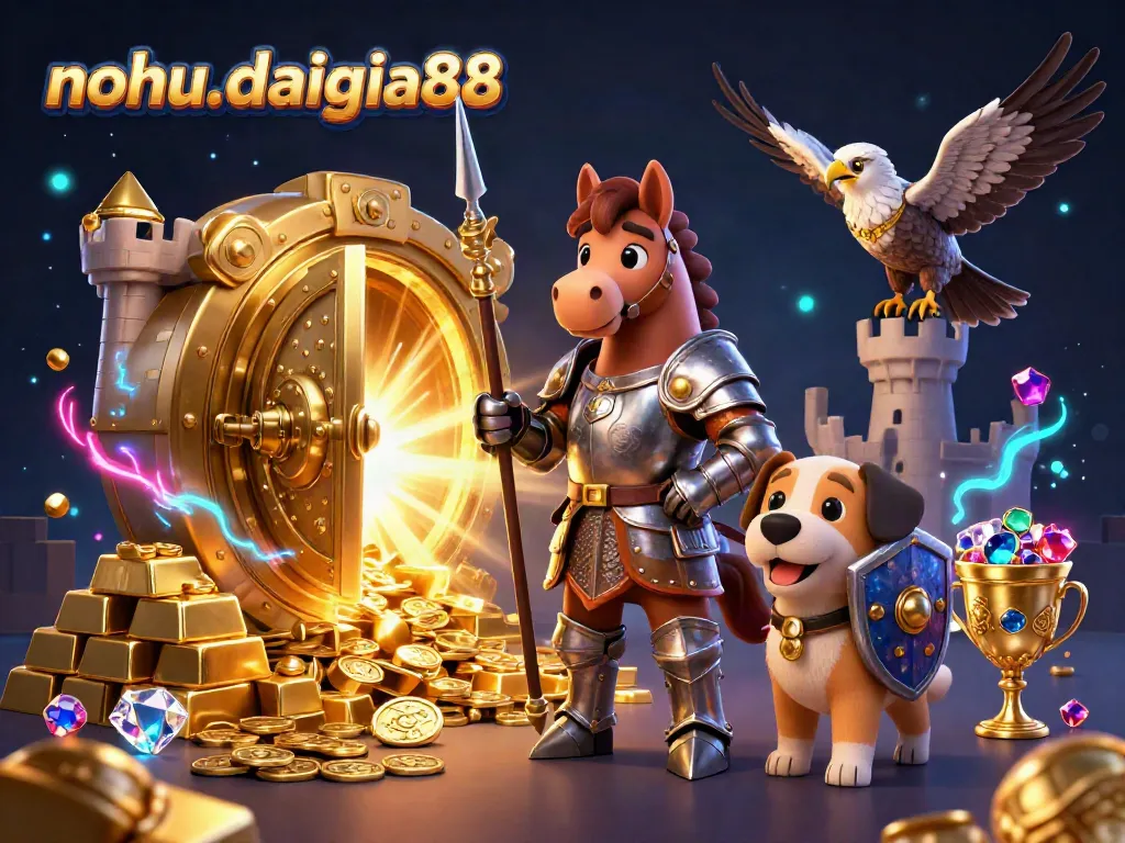 Nohu-daigia88 showcases an energetic casino scene with a knight, puppy, and falcon surrounded by gold and jewels.