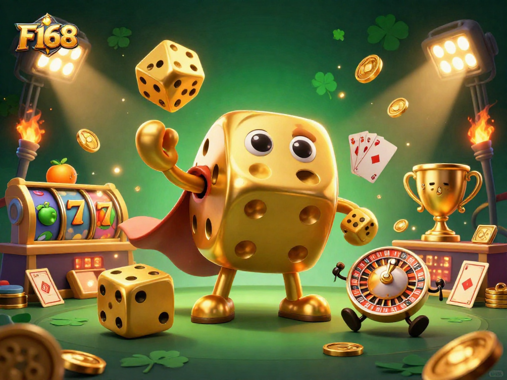 Experience the excitement of F168 casino with a dynamic 3D illustration showcasing thrilling gaming elements.