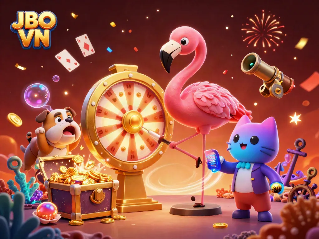 Experience exciting gaming moments with JBO VN’s vibrant casino scene featuring a flamingo host, bulldog contestant, and prize reveals.