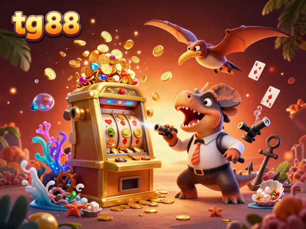 Experience excitement with tg 88 as cartoon dinosaurs engage in thrilling jackpot moments at the casino.
