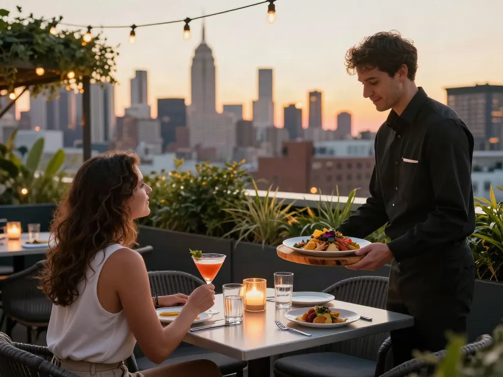 Couple enjoying cocktails at NoHu rooftop restaurant with NYC skyline at sunset.