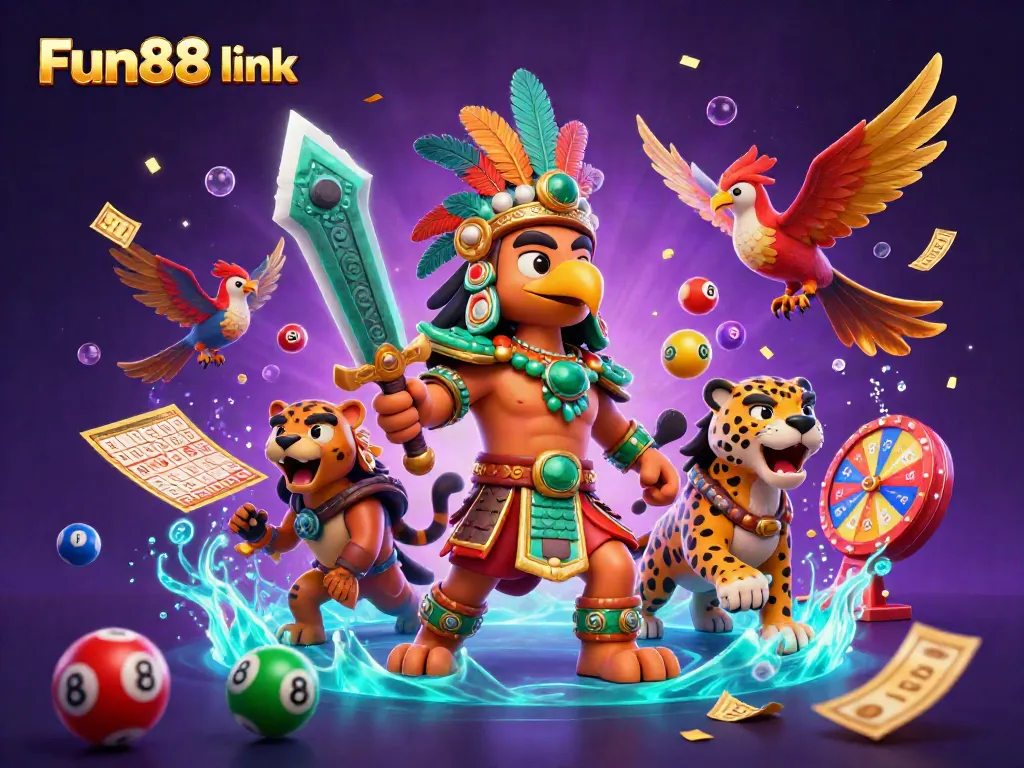 Experience the excitement of online gaming with the Fun88 link visual featuring vibrant game elements and Aztec-themed characters.