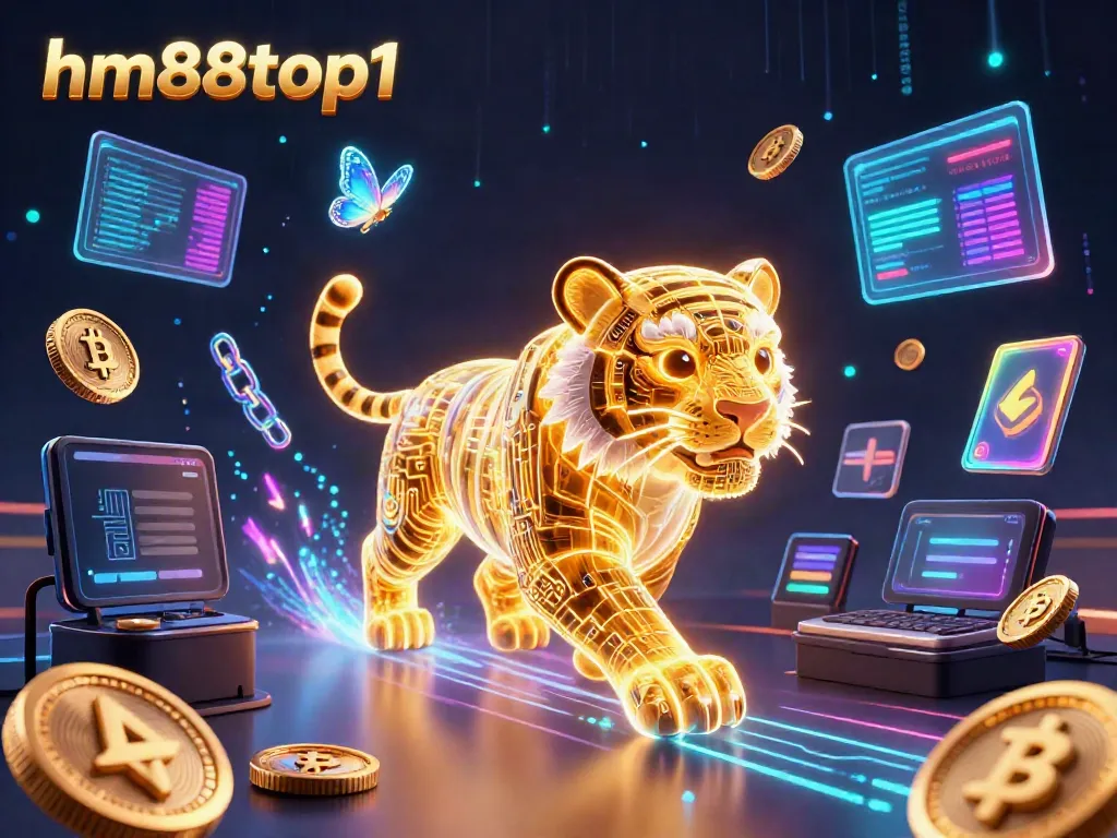 Engage with the vibrant world of hm88top1 as a neon-wireframe tiger roams a digital casino, enhancing your game experience.