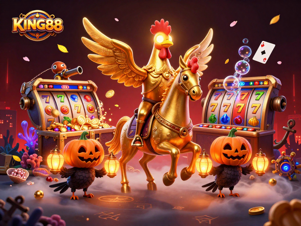 Experience thrilling gameplay with KING88 featuring a golden rooster in a vibrant casino scene.