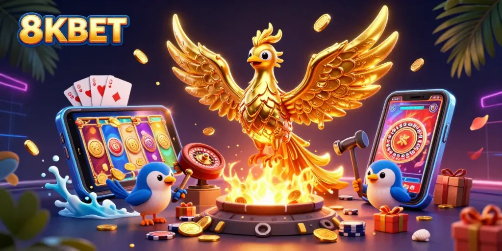 Experience excitement at 8KBET with a golden phoenix of winnings and vibrant casino elements.