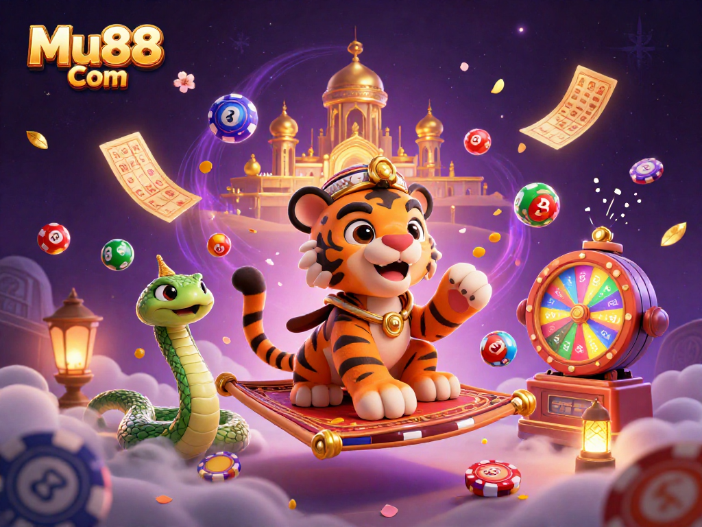Experience the excitement of Mu88 Com with a vibrant illustration featuring lottery themes and magical elements.