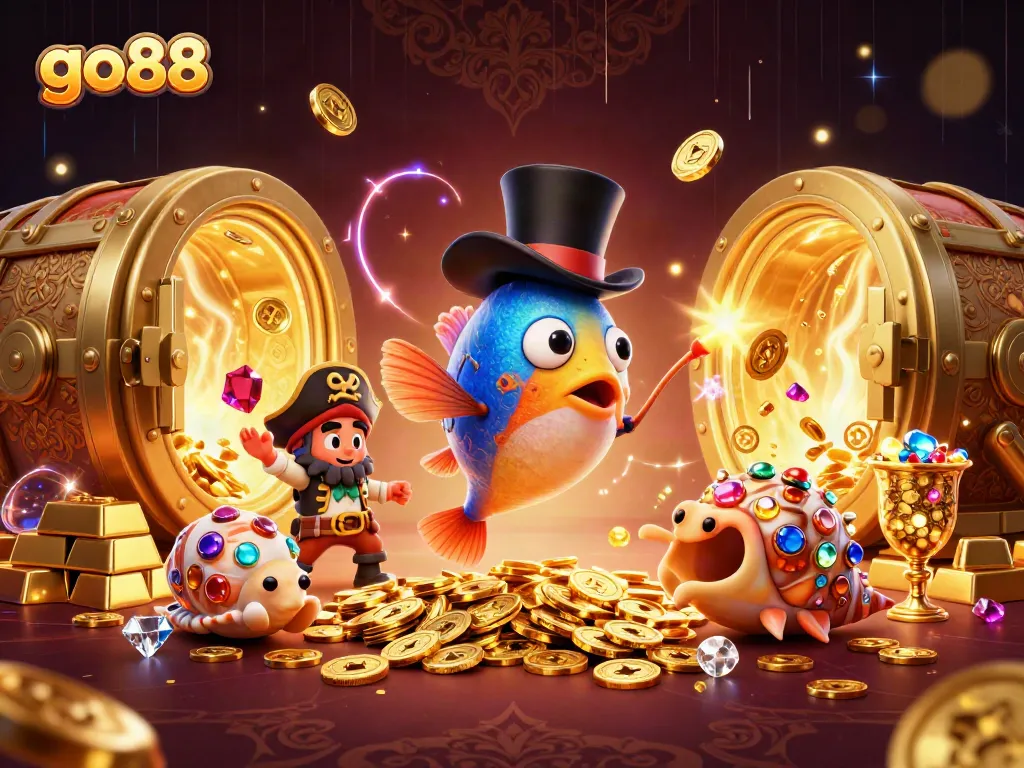 Experience go88's vibrant treasure-laden sea scene with engaging casino elements and dynamic characters.