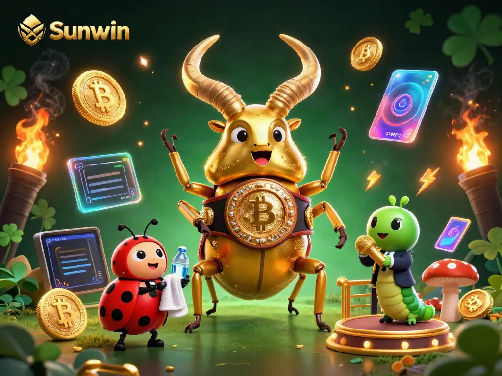 Engage your skills at Sunwin's exciting online casino with dynamic visuals featuring characters and cryptocurrency elements.