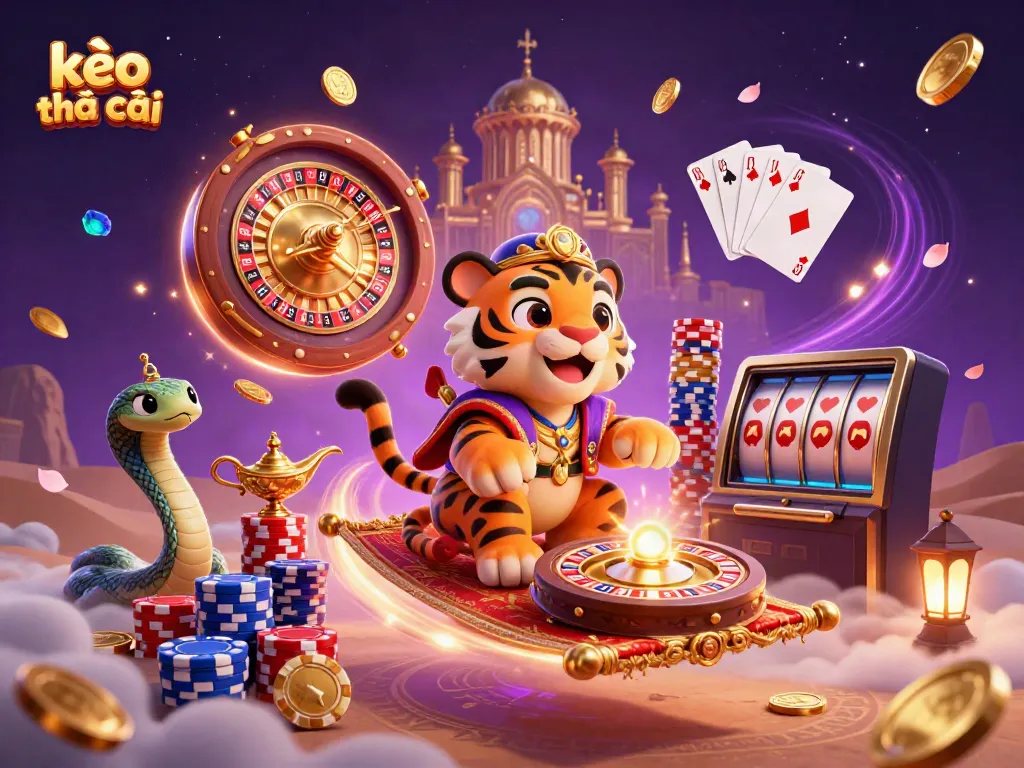 Place bets with kèo nhà cái data in a rich 3D casino scene, featuring a tiger sultan and vivid game elements.