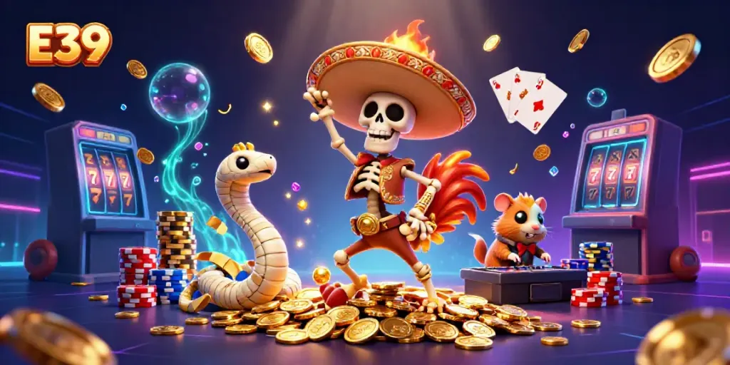 E39-themed casino scene with a dancing rooster and vibrant gambling elements.