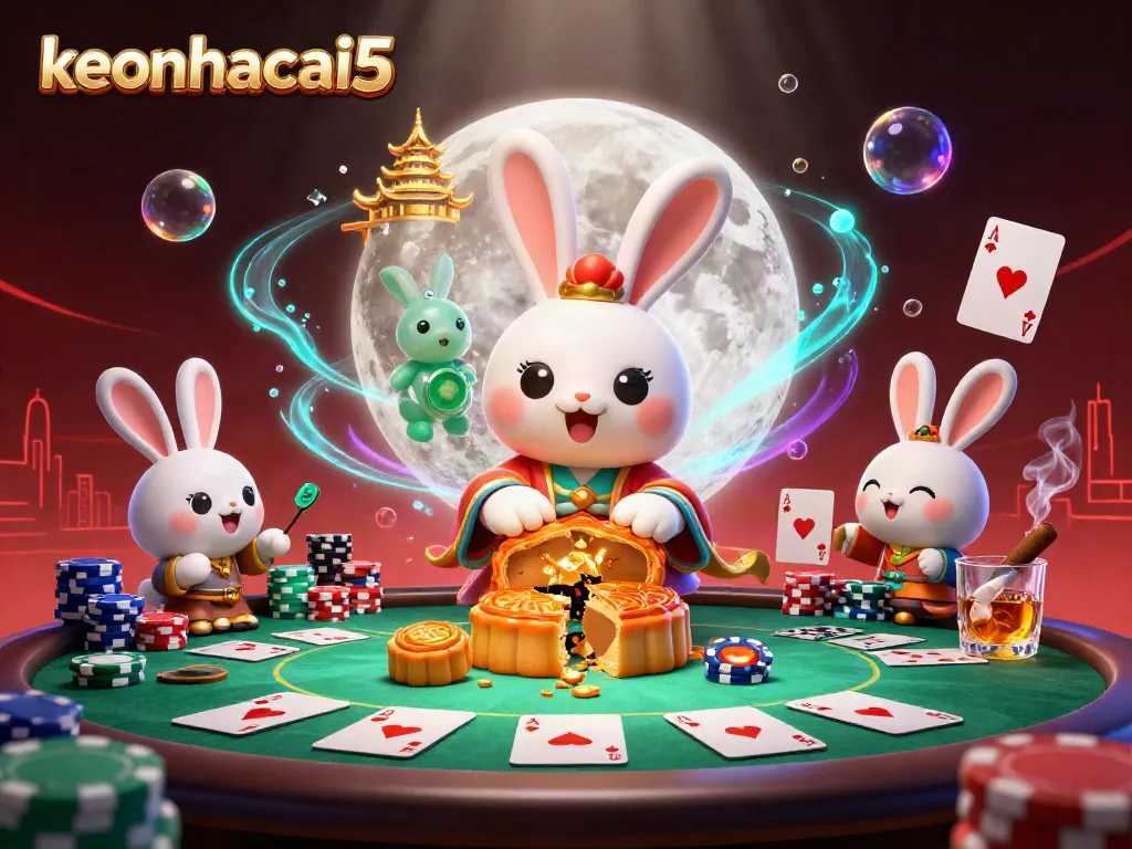 Discover the excitement of keonhacai5 with a delightful lunar poker scene featuring a moon rabbit and spectacular casino elements.