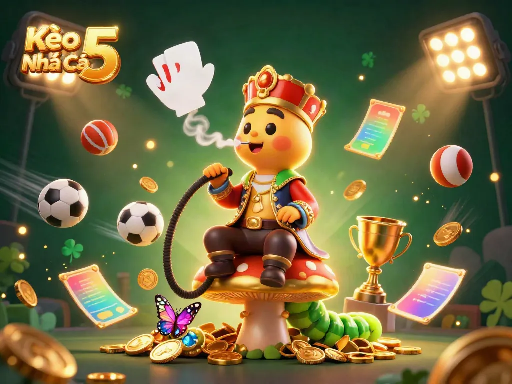 Engaging scene of Kèo Nhà Cái 5 with a whimsical hookah-master and dynamic sports elements highlighting exciting betting opportunities.