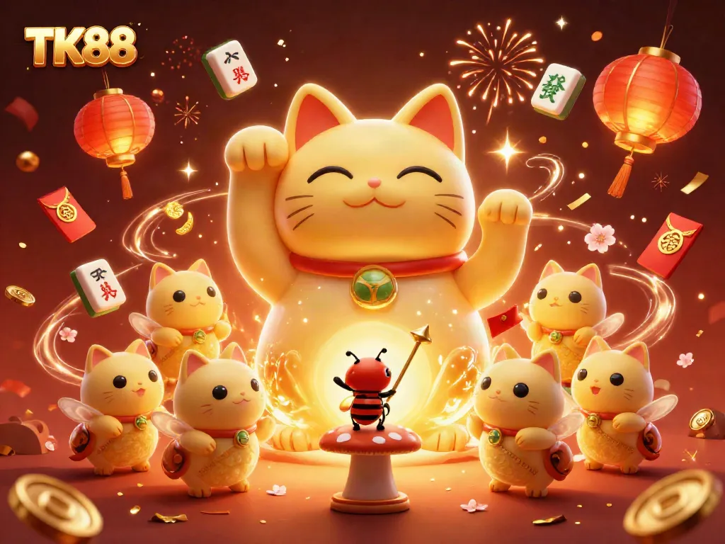 Experience lucky wins with the TK88 casino avatar in a vibrant casino world full of shimmering coins and festive elements.