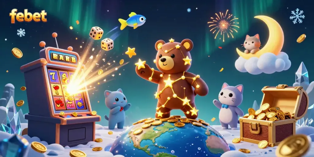 Experience the excitement of febet with a vibrant, dynamic online casino illustration featuring a constellation bear and jackpot bursting slots.