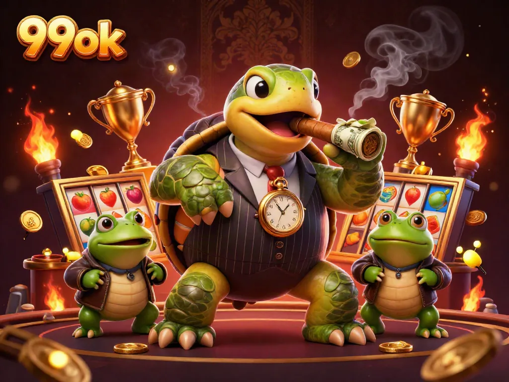 Win big at 99ok with thrilling slot games featuring cartoon characters and vibrant casino ambiance.