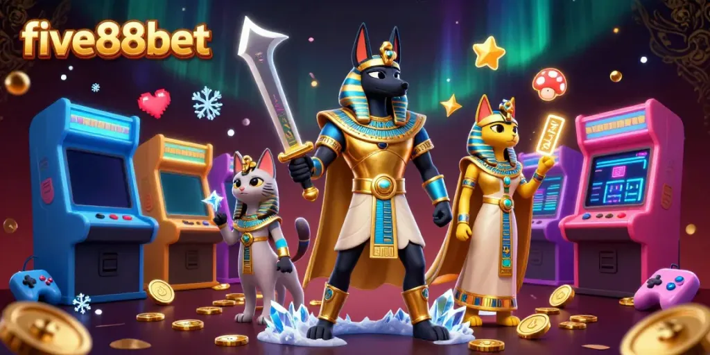 Experience thrilling gaming with five88bet in a rich casino atmosphere featuring Anubis and Bastet.