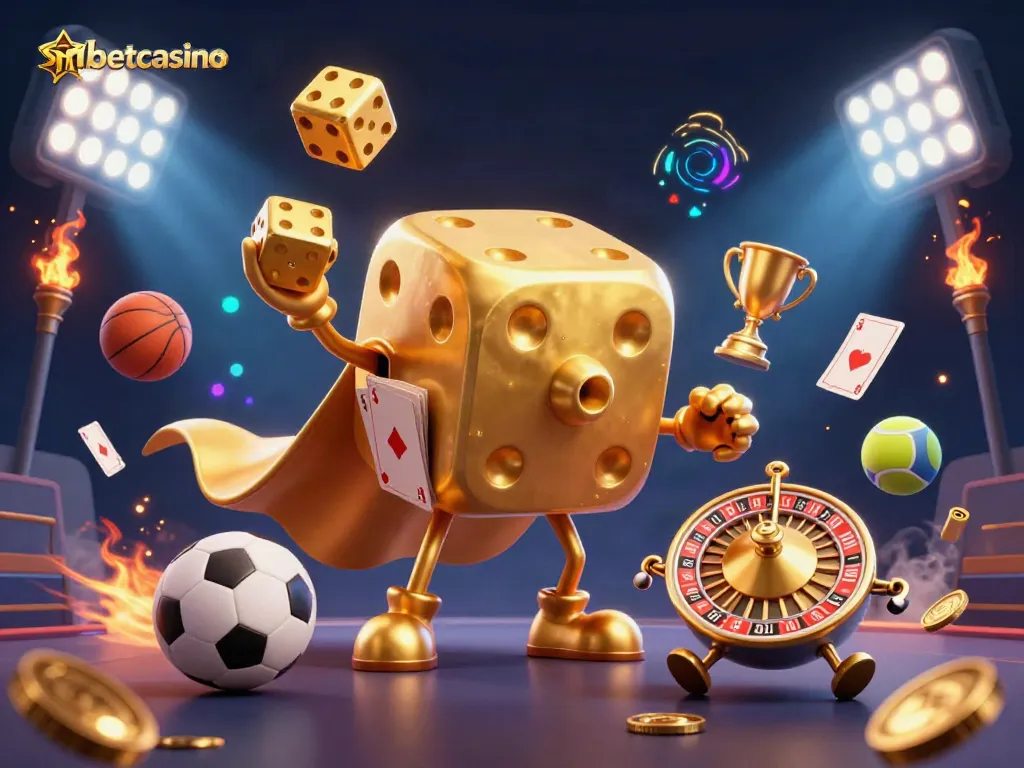 Experience excitement at shbetcasino with a lively scene of a golden dice golem juggling and engaging sports elements.