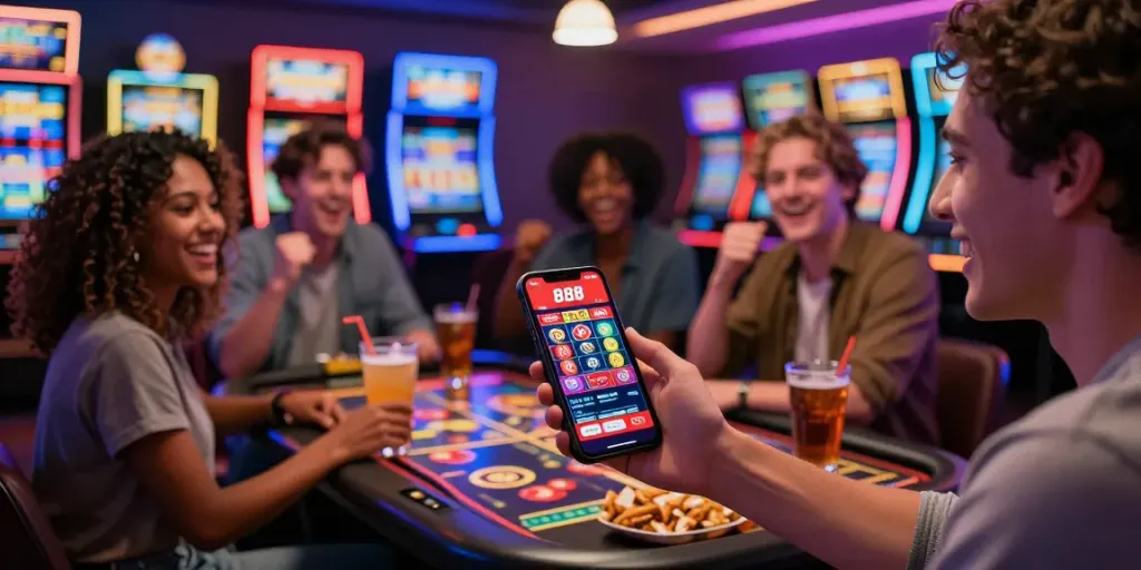 Friends celebrating online gambling with red88 platform interface visible on mobile device