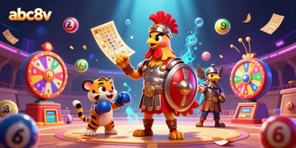 Experience thrilling gameplay at abc8v with a vibrant casino scene featuring colorful lottery elements and characters.