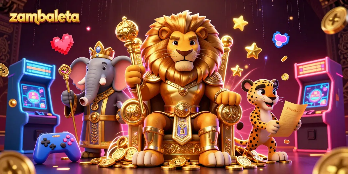 Zambaleta's grand casino scene features a lion king, elephant advisor, and cheetah messenger amid vibrant gaming elements.