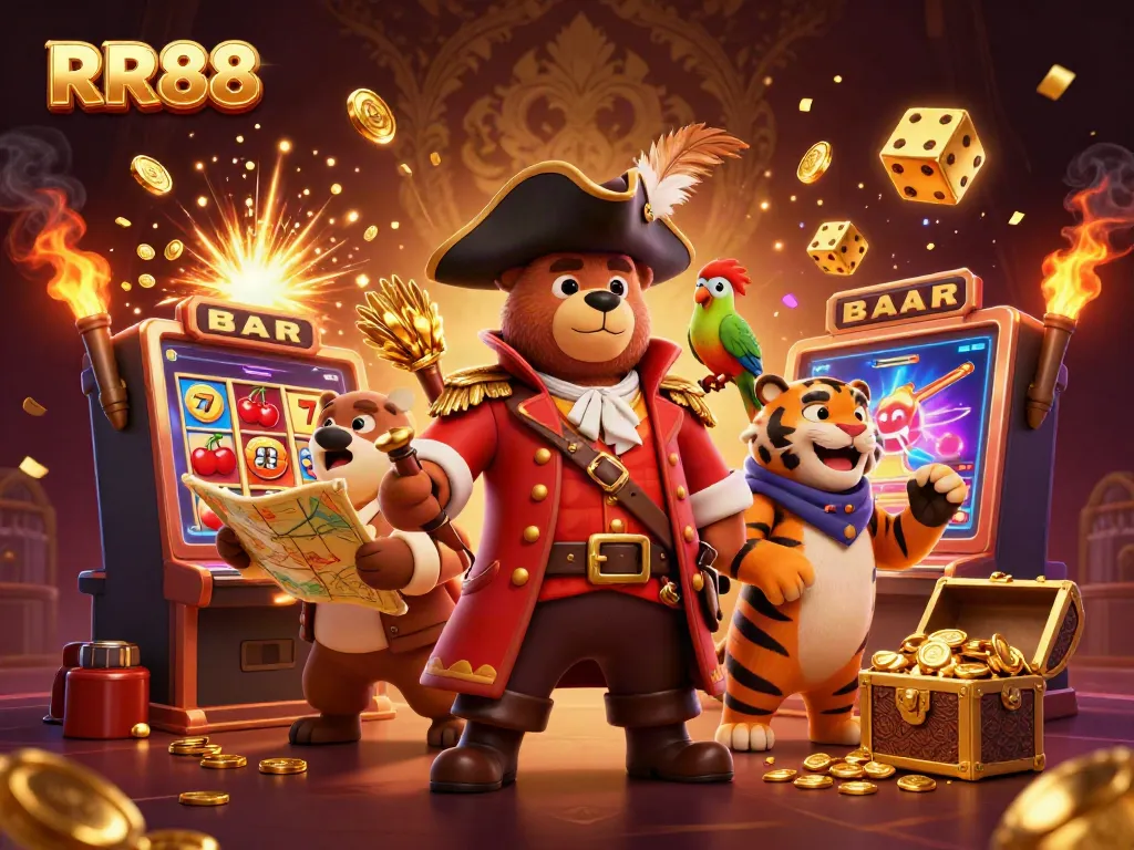 RR88 cartoon scene showcasing a lively pirate-themed casino adventure with treasure and exciting game elements.